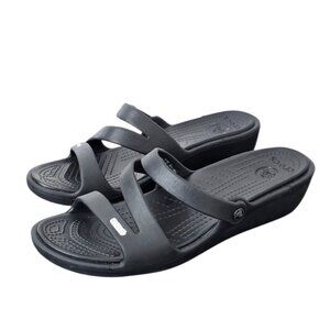 CROCS Patricia Wedge Sandals, Black, Rubber, Comfort, Slip On, Open Toe, Size 10